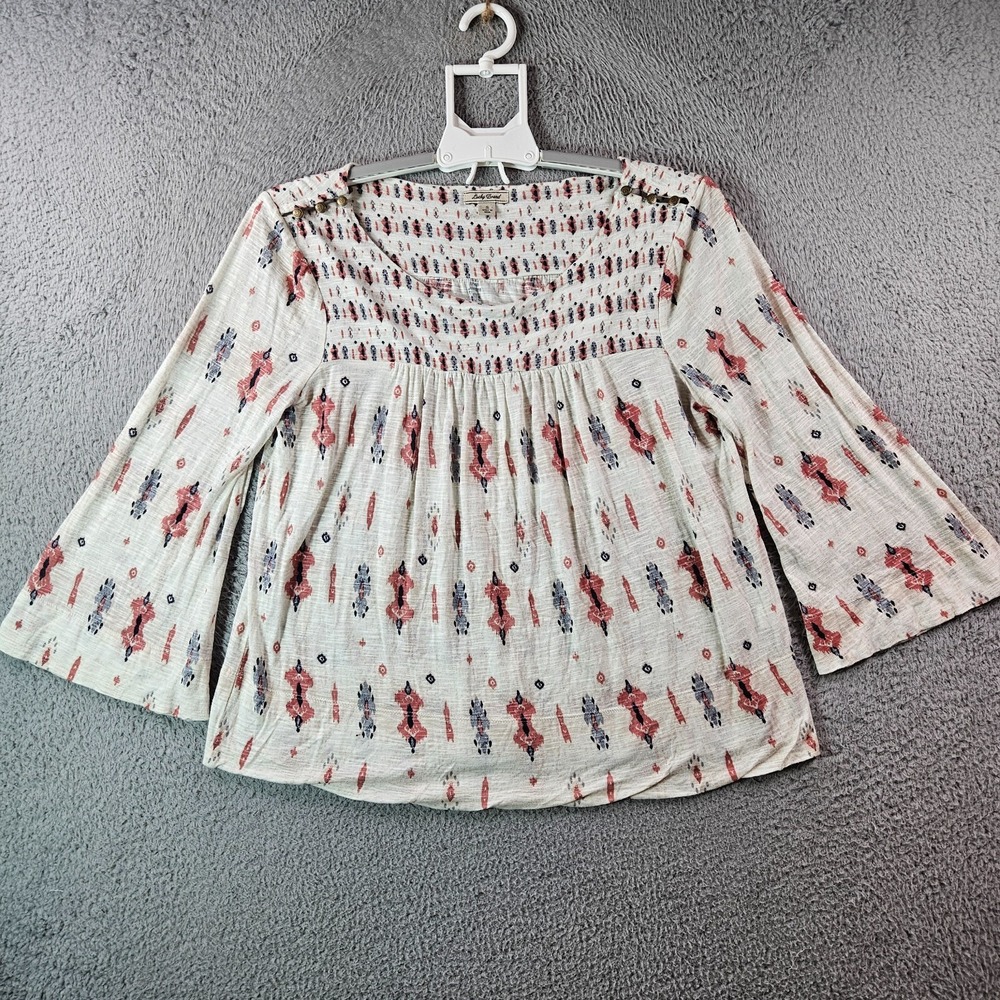 Lucky Brand Women Small Geometric Print Bell Sleeve Stretch White